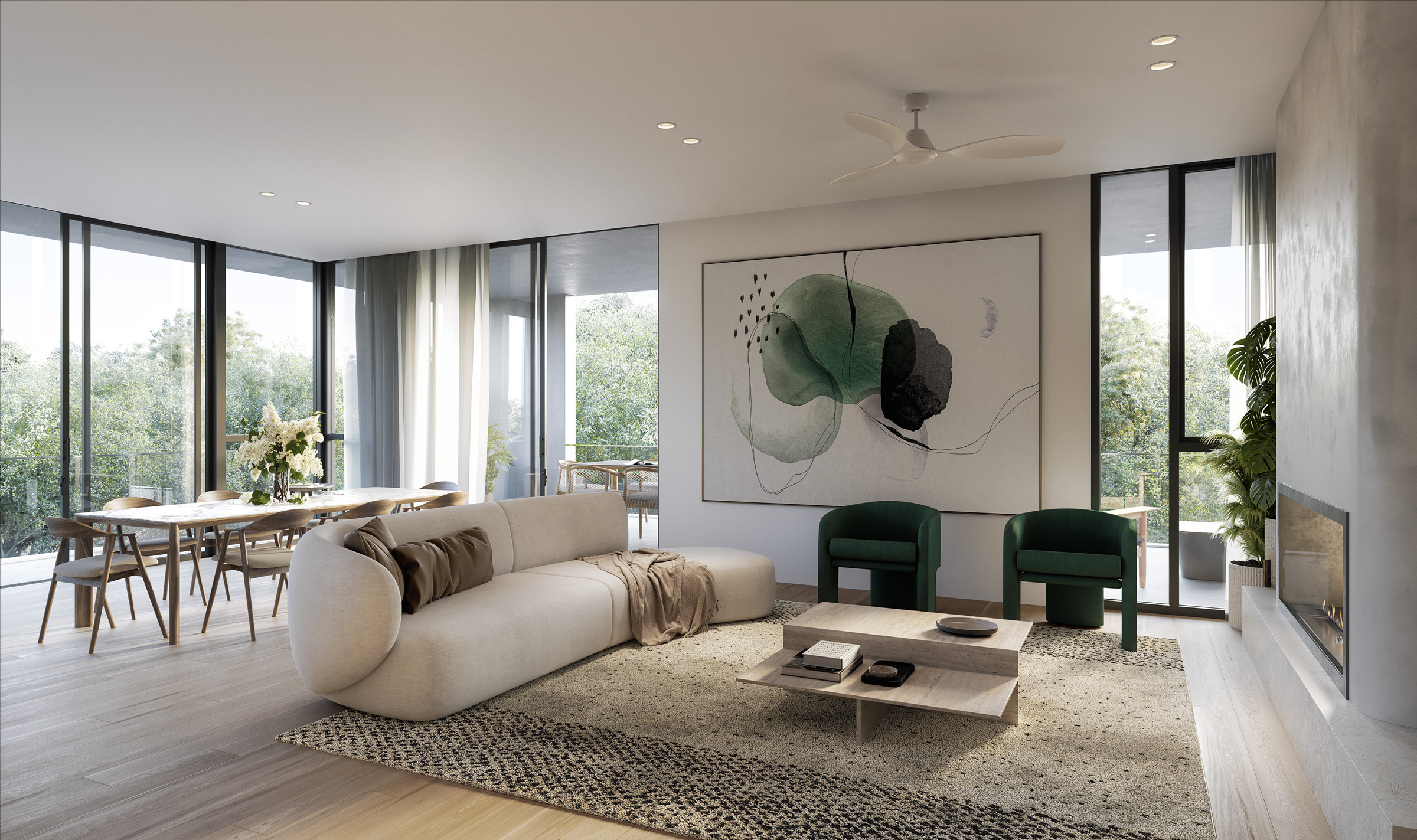 Internal Image of living room showing couch, coffee table and wall art at Florin Parkside.